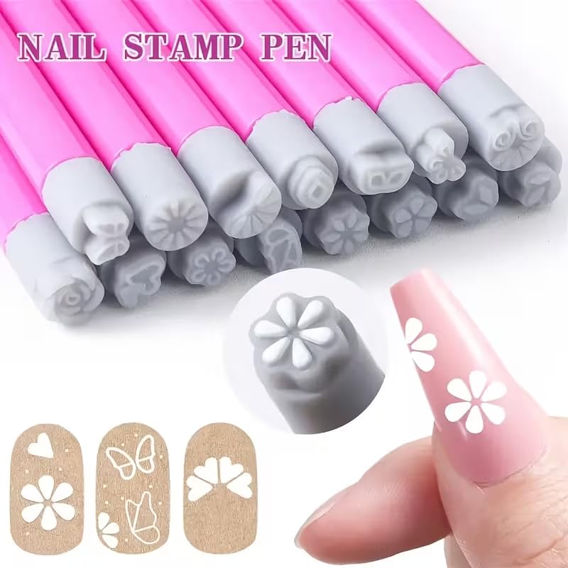 30Pcs Nail Art Stamp Pen Set: Flower, Butterfly & Rose Pattern Nail Stamping Pens with Clean-Up Brush, DIY Manicure Design Tools for Home & Salon Use