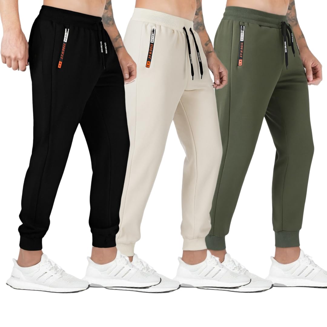 Mens 3 Pack Fleece - Lined Jogger Sweatpants - Warm Thermal Athletic Workout Pants with Zipper Pocket Drawstring