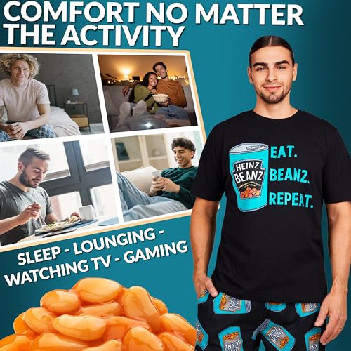 Heinz Mens Pajama Set Short Sleeve T Shirt and Long PJ Pants Loungewear Comfy Sleepwear Lounge Set PJs Funny Gifts for Men (XL, Black)3
