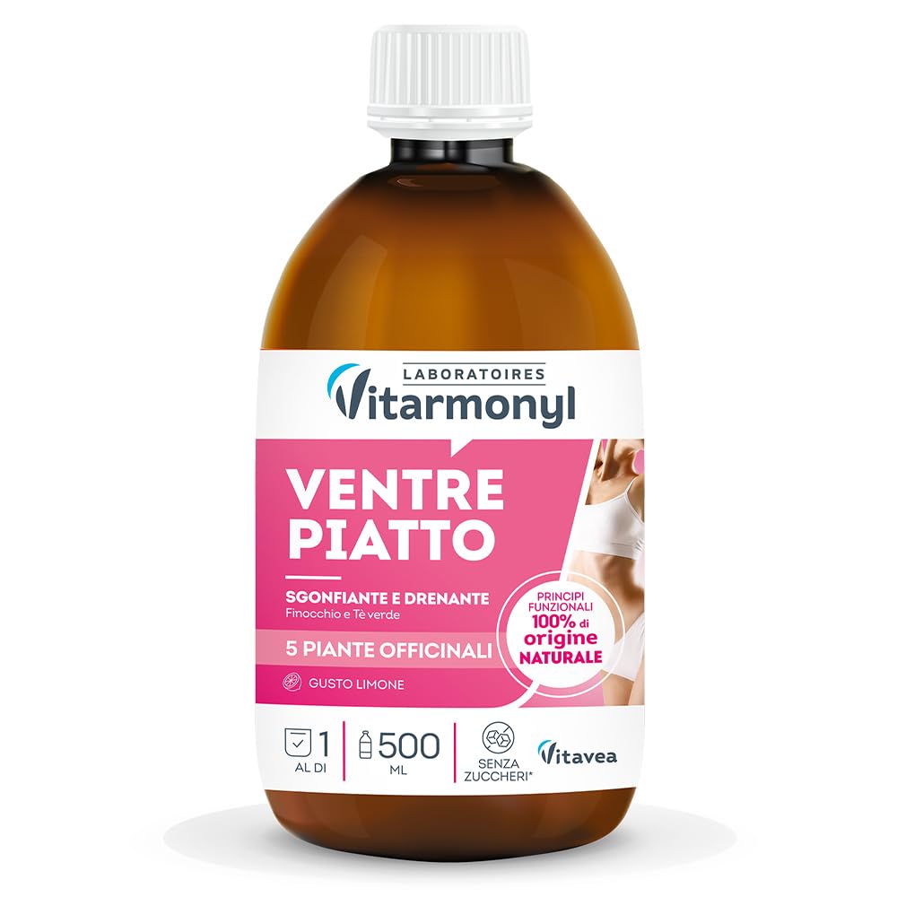 Vitarmonyl Ventre Piatto - Drenante con Thè Verde e Finocchio - Detox da Bere - Contro il Gonfiore - Gusto Limone - 500 ML -