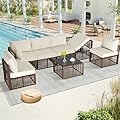 FHFO 7 Pieces Outdoor Patio Furniture Set, Wicker Outdoor Sectional Conversation Couch Set with Adjustable Backrest Sofa, Thick Cushion & Coffee Table for Garden, Porch, Poolside, Brown/Beige