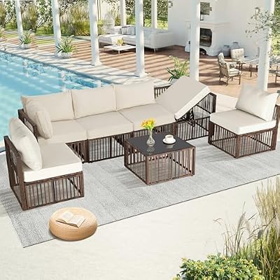 FHFO 7 Pieces Outdoor Patio Furniture Set, Wicker Outdoor Sectional Conversation Couch Set with Adjustable Backrest Sofa, Thick Cushion & Coffee Table for Garden, Porch, Poolside, Brown/Beige