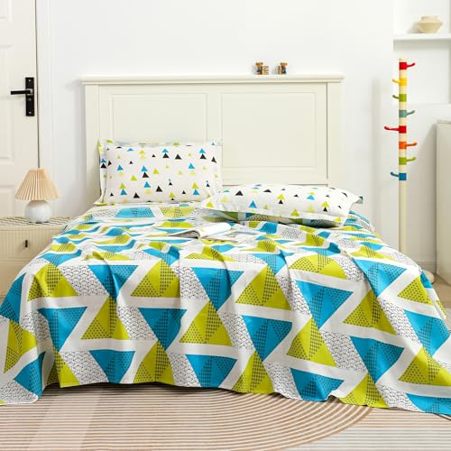 Image of Story@Home 144 TC Cotton Queen Size Bedsheet 88 x 100 Inche Geometric Printed Soft Flat Sheet with 2 Pillow Covers 18 x 28 Inch -Green & Blue