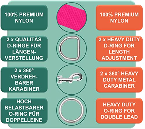 DEY - Premium Hundeleine Nylon 2m | 3fach Verstellbar | für Kleine, Mittelgroße u. Große Hunde | viele Farben |Doppelleine Hund Katze Welpe | Schleppleine |Führ-Leine | Welpenleine | Pink Rosa, S