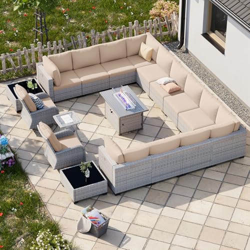 Image of 18-Piece Patio Furniture Set, Outdoor Patio Furniture with 55,000 BTU Fire Pit Table, Swivel Chairs Set, Thick Cushions, Modular Patio Sofa, Dual-Strand Wicker Rattan, Rust-Resistant Frame,Khaki