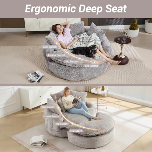 Image of 54 inch Round Chaise Lounge with Ottoman Big Bean Bag Round Sofa Bed Oversized Round Couch Boneless Reading Chair Comfy Plush Chenille Large Chaise Chair for Living Room, Apartment, Light Gray