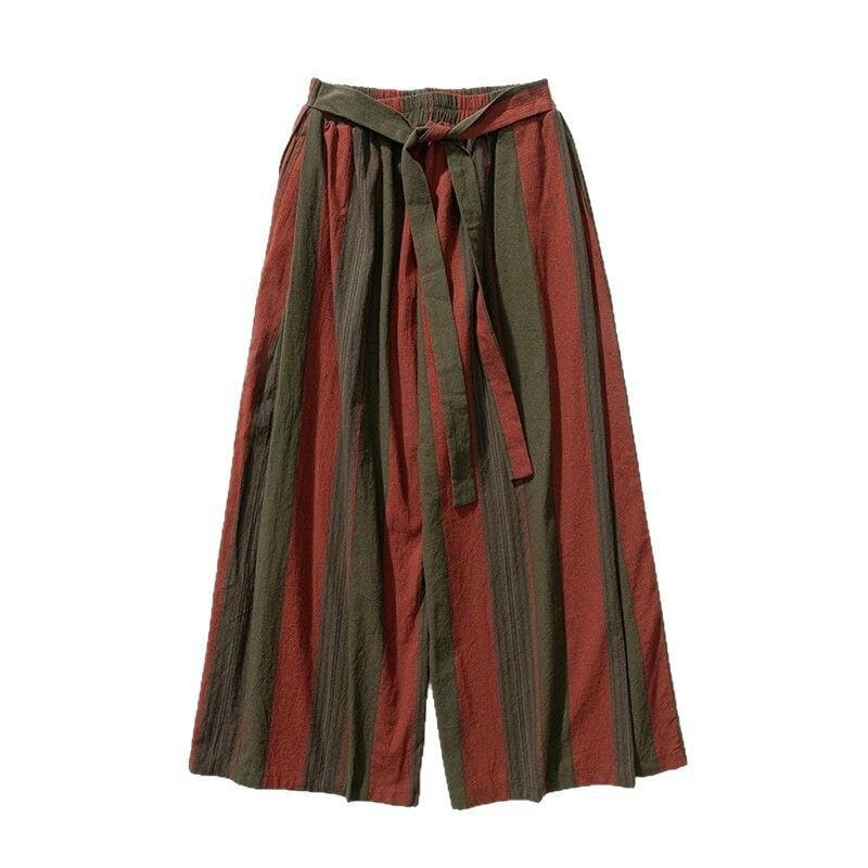 Pantalon ample rayé homme jambe large en coton et lin