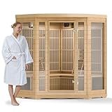 RESTISLAND Infrared Sauna Room for Home, 4 Person Indoor Home Sauna Spa, Far Infrared Canadian Wooden Corner Saunas with 10 Low Emf Heaters, Bluetooth Speakers, 7 Color Chromotherapy Lights