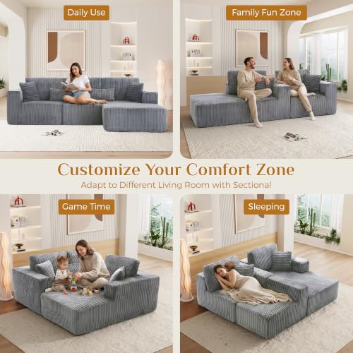Image of 108 inch Boneless Cloud Sectional Couches for Living Room, Comfy Fluffy L Shaped Memory Foam Deep Seat Boneless Couch, Modular Sectional Sofa with Right Facing Chaise, Dark Grey