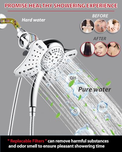 Image of GRICH Shower Head with Handheld Spray - Dual High Pressure Showerhead | Rainfall Shower Heads Combo, Detachable Hand Shower, 9 Spray Settings, 60 inch Stainless Steel Shower Hose, 2.5GPM, Silver
