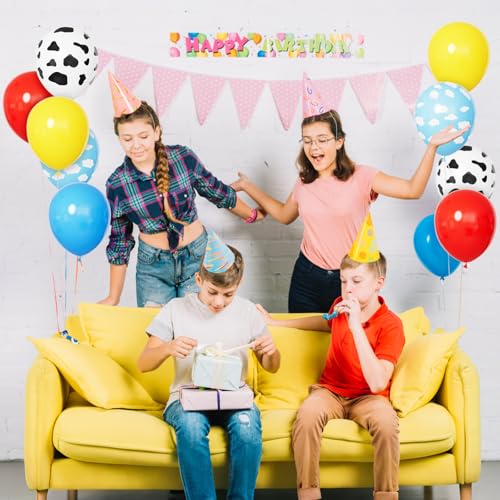 Image of 68Pcs Red Yellow Blue Toy Balloons 12 Inch Light Blue Cloud Cow Print Balloons for Baby's Birthday Story and Football Party Themed Decorations.