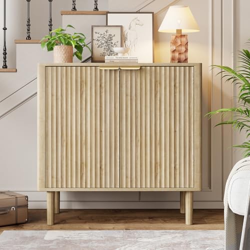 Sideboard Buffet Cabinet with Storage, Modern Fluted Accent Credenza with Doors & Adjustable Shelves, Wood Coffee Bar Console Table for Living Room, Dining Room, Kitchen or Entryway 31.5" Oak - Image 6