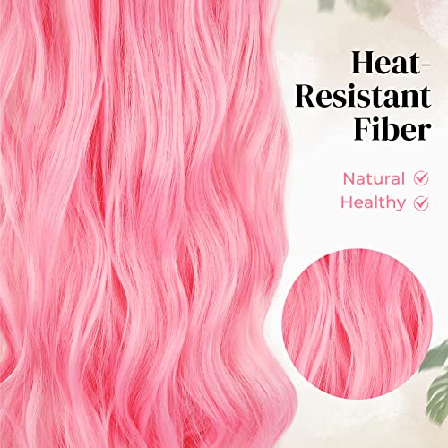 Clip In Hair Extensions, Lonai 7Pcs 24" Long Pink Wavy Synthetic Hairpiece For Women Natural Hair For Daily Use Cosplay Halloween Costume Party-Burgunry #TOP2
