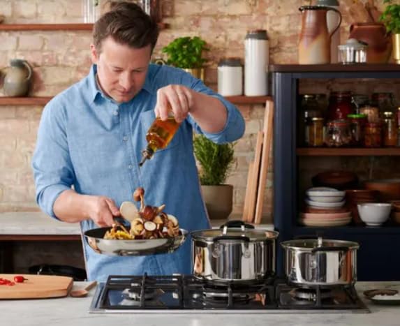 Jamie Oliver de Carpeta Antiadherente de 6 piezas con tapas de vidrio - Inducción y utensilios de cocina a prueba de horno. Juego de sartenes de acero inoxidable con tapas. 3 ollas con tapas (tamaños