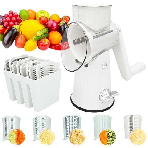 Grattugia rotante 5 in 1 multifunzione da cucina mandolina affettatrice con manico e forte base di aspirazione, lame sostituibili in acciaio inox, trituratore per formaggio per verdure