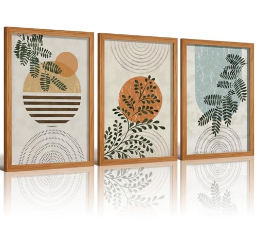 HCJWCXD 3 Piece Framed Boho Botanical Wall Art Modern Abstract Green Leaf Canvas Prints Earth Tone Fern & Sunburst Poster Minimalist Neutral Tone Wall Decor 12x16 Inch for Living Room Bedroom Kitchen