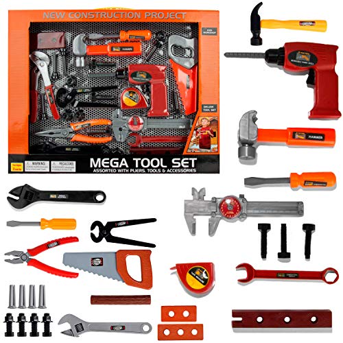 ROXIE Kids Tool Set, 26 pcs Toy Construction Tools for Kids with Electronic Toy Drill, Pretend Play Kids Toys, Medium, Red