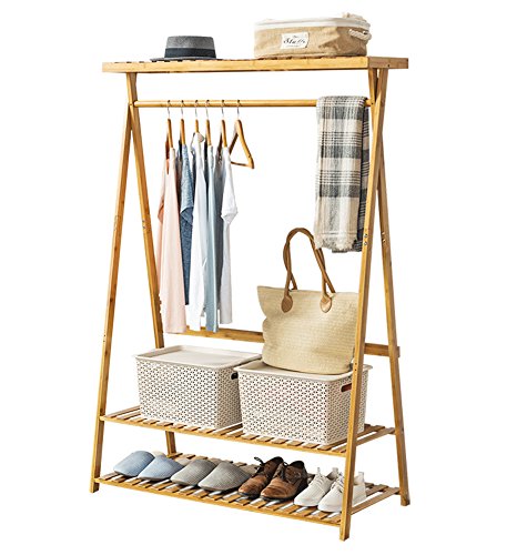 COPREE Bamboo Garment Coat Clothes Hanging Heavy Duty Rack with top Shelf