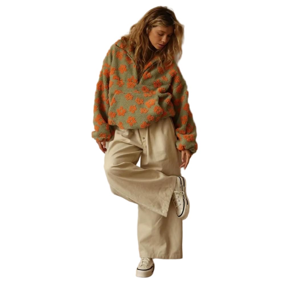 JCVBN jesienno-zimowa damska bluza z kapturem Sherpa kwiatowy sweter z kapturem do połowy zamek luźny krój ciepła stylowa bluza