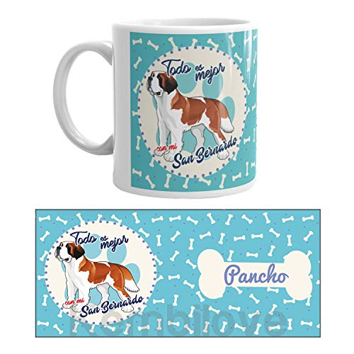 Kembilove Taza de Café de Perro San Bernardo Personalizada con Foto – Taza de Desayuno Razas de Perro – Taza de Café y Té Mascota – Taza de Cerámica Impresa – Tazas de Perro San Bernardo