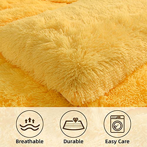 A Nice Night Luxury Solid Color, Plush Shaggy Ultra Soft Warm And Durable, Cozy Faux Fur Crystal Velvet Fluffy Comforter Fuzzy Bedding Comforter Set With Pillow Covers (Yellow, Queen) #TOP4