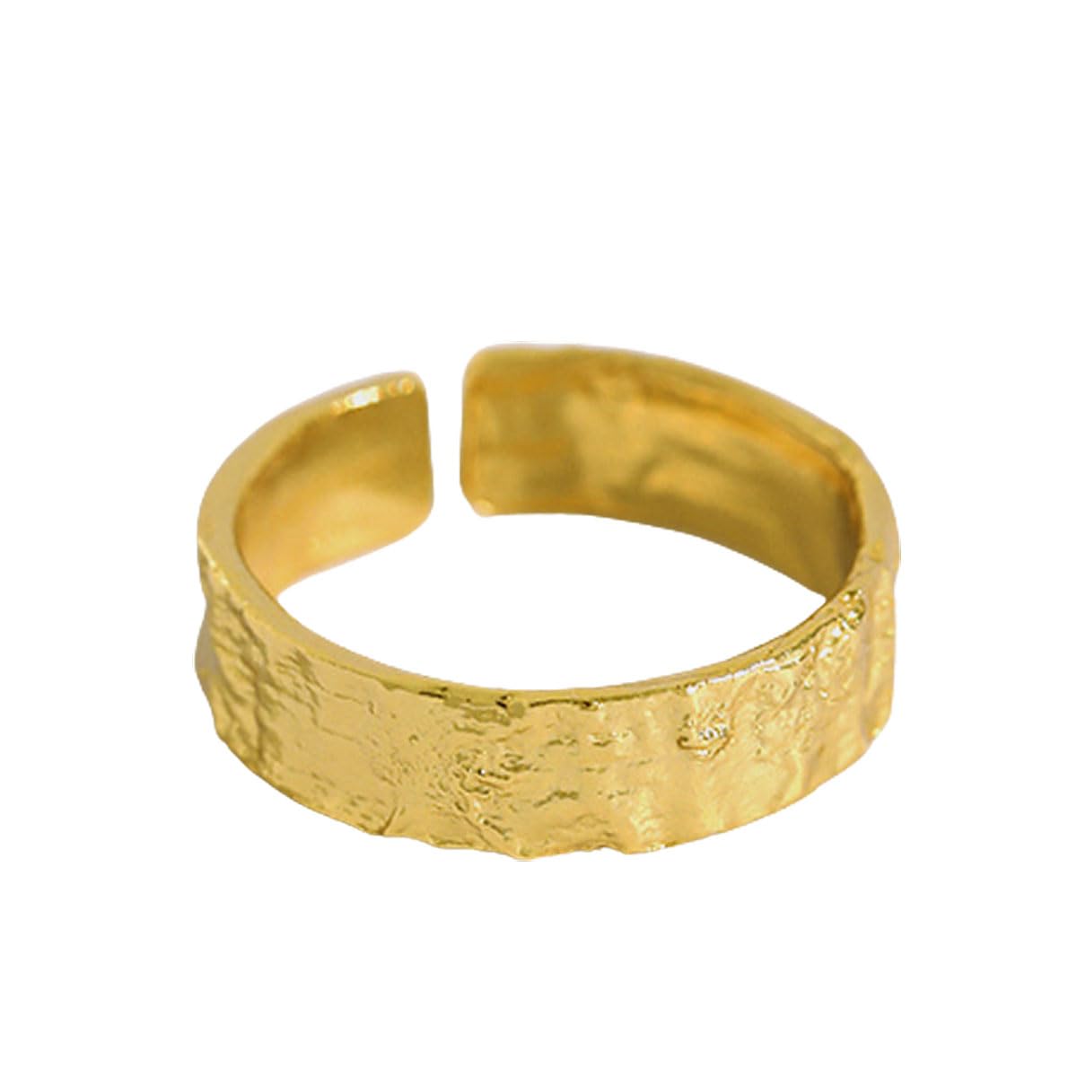LEEQ Anillo De Moda Oro - Anillo de Mujer Ancho Martillado en plata de ley 925 bañado en oro, Irregular Superficie Anillo, Compromiso De Moda Ajustable Color Dorado Anillo