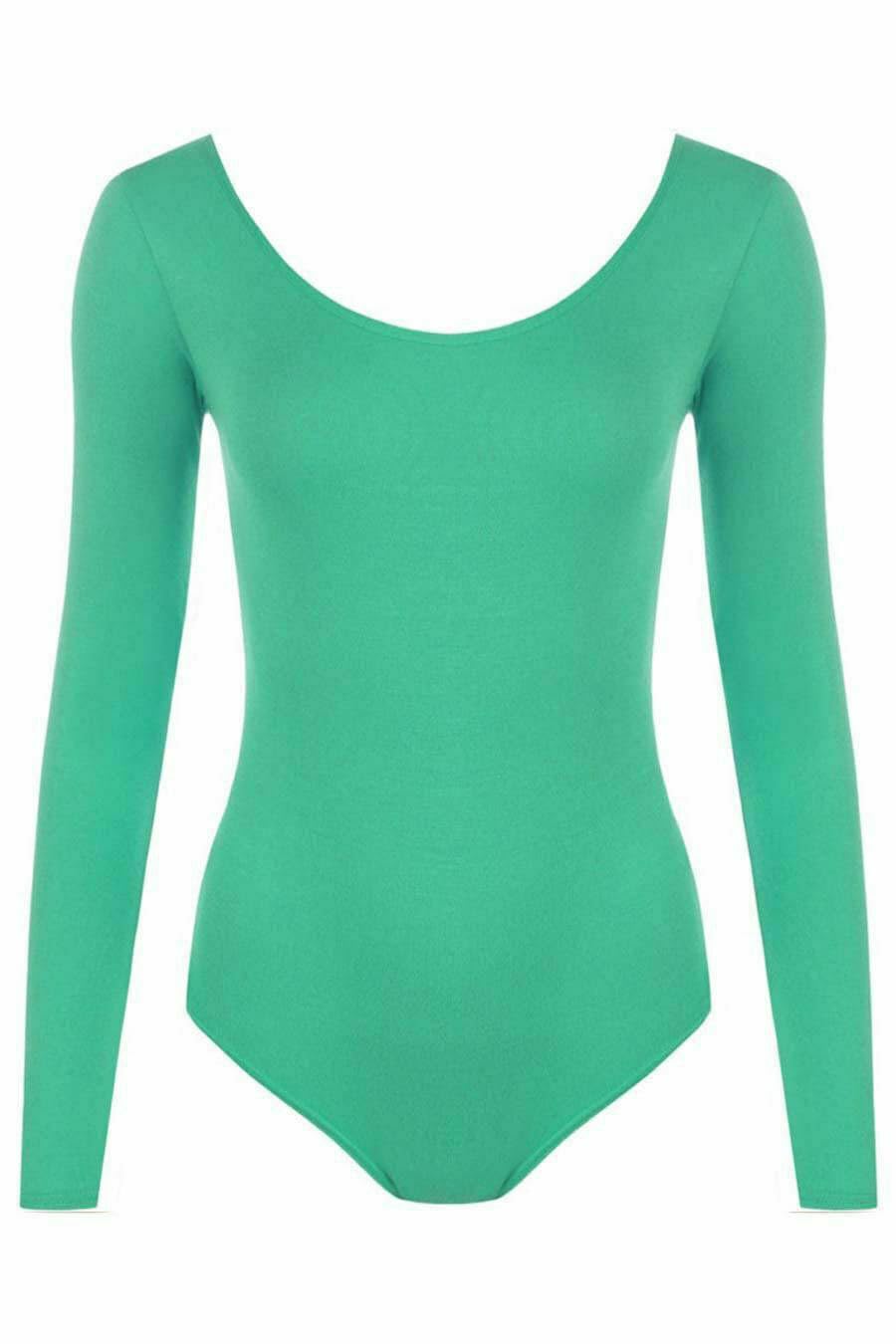 FAIRY TRENDZ LTD Women Stretch Bodysuit Long Sleeve Top Girls Plain Scoop Neck Leotard Body Top T Shirt