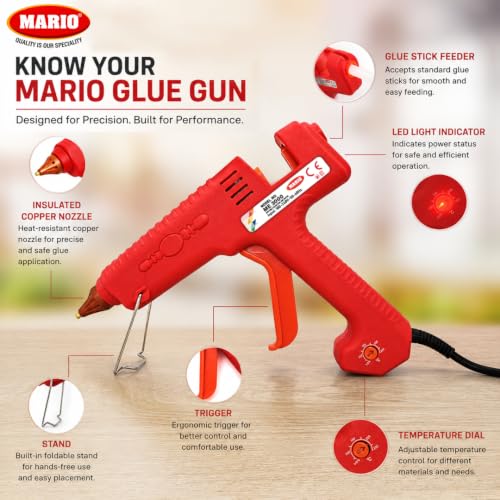 Image of Mario 300W Heavy Duty Glue Gun - Long Use, Nozzle Guard, Temp control+ 5 Crystal Clear Glue Sticks - Red (ME-3000)