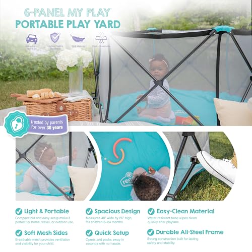 Image of Regalo Safety My Play Portable Baby Playpen & Play Yard, Foldable 6-Panel Indoor Outdoor Playpen for Babies & Toddlers, Mesh Sides, Washable Fabric, 48 inch, Aqua /Black