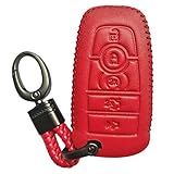 Hand Sewing Red Leather Key Cover Fob Case Protector Jacket Remote Bag For 2017 Ford Fusion F250 F350 F450 F550 Edge 2018 Explorer Expedition 5 Buttons Smart Keyless Entry