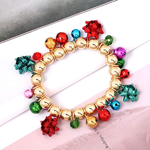 Nvenf Christmas Bracelets For Women Xmas Gift Bow Charm Bangle Bracelet Holiday Jingle Bell Bracelets Beaded Stretch Bracelets For Girls (Gold) #TOP3