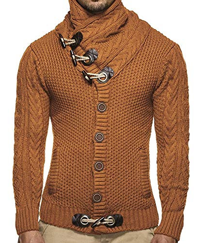 Bbalizko Mens Sweaters Turtleneck Cable Knit Winter Chunky Cardigan Sweater Jacket (XX-Large, Brown)