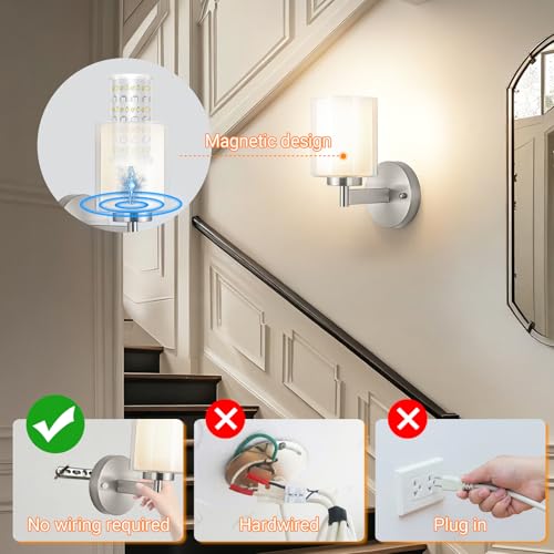 Image of Nekhung Battery Operated Wall Sconce Set of 2, Wireless Wall Sconce with Remote,10000mAh Rechargeable RGB Dimmable Bathroom Light Fixtures with Double Clear Glass Shade NOT Hardwired (Nickel)