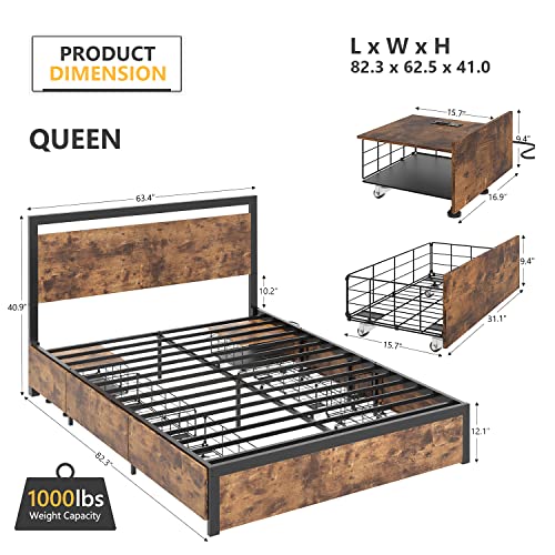 Meitewei Queen Bed Frame With 2 Nightstands And 4 Storage Drawers, Led Smart Bed Frame With Headboard And Charging Station, Metal Platform Bed Frame Queen Size, No Box Spring Needed, Noise Free, Black #TOP1