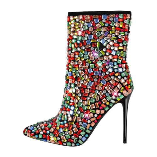 Women's Rhinestones Studded Sparkly Slim High Heels Side Zipper Ankle Boots