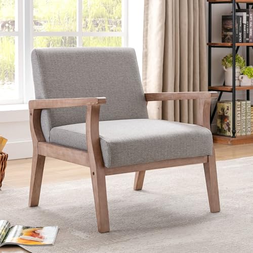 HNY Mid Century Armchair with Hardwood Frames, Linen Upholstered Living