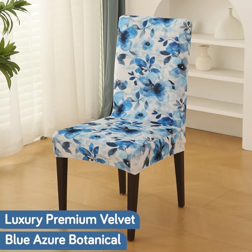 Image of HOKIPO Premium Printed Velvet Chair Cover Set of 4 for Dining Table, Blue Azure Botanical (AR-5794-D8*4)