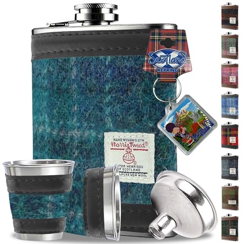Harris Tweed Flachmann, Schnapsgläser, Whisky-Trichter-Set – Edelstahl Tartan Likörflaschen für...