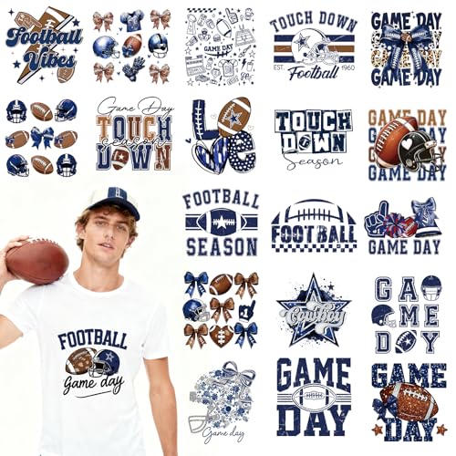 Dazoratix Cowboy Football Iron on Transfers - 20 Sheets Blue DTF Ready to Press Bulk Heat Patches Sport Lover Helmet Bow Vinyl Stickers Decals for T Shirts Clothing Hoodies Pillow Bags Hats DIY Crafts