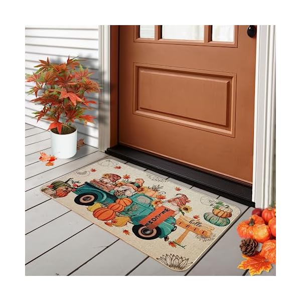   Fall-Decorative-Doormat-Hello-Fall-Door-mat-Gnome-and-Pumpkins-Truck-Welcome-Floor-Door-Mat-for-Indoor-Outdoor-Entrance-Non-Slip-17-x-30-Inch