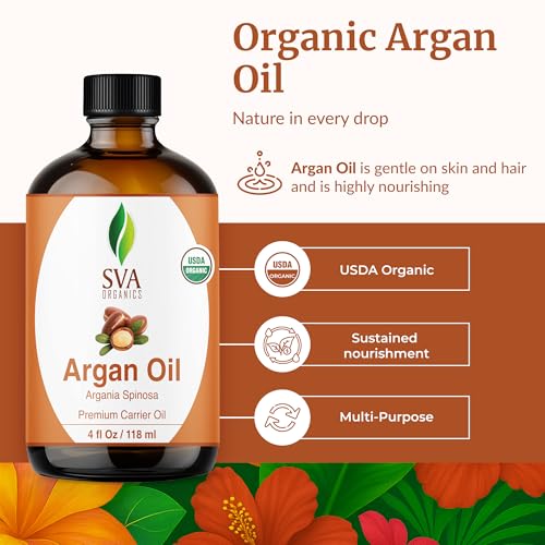 Image of SVA Organic Argan Carrier Oil, Glass Bottle with Dropper, 4 Fl Oz (118 ml) | Argan Oil for Hair Care, Scalp Care, Face Care, Facial Oil, Skin Care, Body Massage, Personal Care & DIY Beauty Blends
