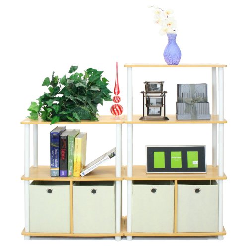 Image of Furinno GO GREEN Storage Shelf, 4-Tier Storage Rack with Bins, Book Shelf, Display Rack, with Storage Bins, for Organization and Storage, Living Room, Home Office, Beech