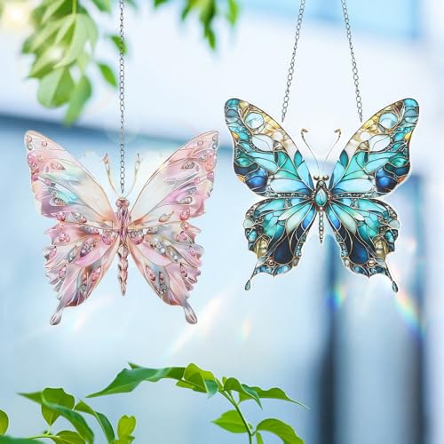 Geelin 2 Pcs Acrylic Butterfly Suncatcher Ornament Stained Glass Butterfly Gifts for Women Colorful Suncatcher Window Hanging Home Garden Decor Spring Birthday for Women & Nature Lovers