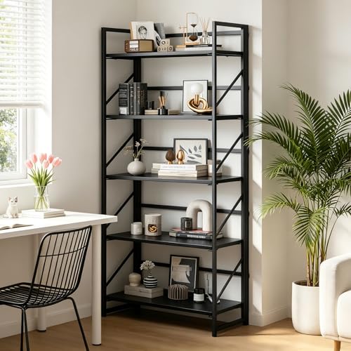 Image of JSB No Assembly Folding Bookshelf, 5 Tier Industrial Metal Book Shelf for Storage, Vintage Wood Foldable Bookcase for Living Room, Bedroom, Office Organization Shelves