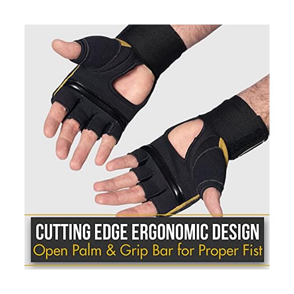 MoneyFyte-Precision-Striking-Quick-Gel-Hand-Wraps-for-Punching-Under-Boxing-Gloves--Wrist-Knuckle-Hand-Support-for-Men-Women-Kids-Youth--for-Boxing-MMA-Muay-Thai-Kickboxing-Training Quick Gel Boxing Wraps Under Boxing Gloves - Kickboxing MMA Muay Thai - Fist, Knuckle, Wrist Wrap Protection Inner Glove Hand Wraps - Men Women Kids - MoneyFyte (Black/Gold, S/M)