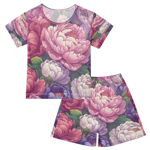Pajama Sets Short Sleeve Colors Floral Pattern Soft Cotton Summer Sleepwear 2 Piece PJS Size 5-14T