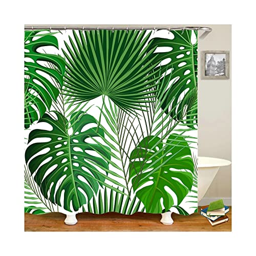Rideau douche vert 165x200cm en polyester imprimé feuilles tropicales - 2