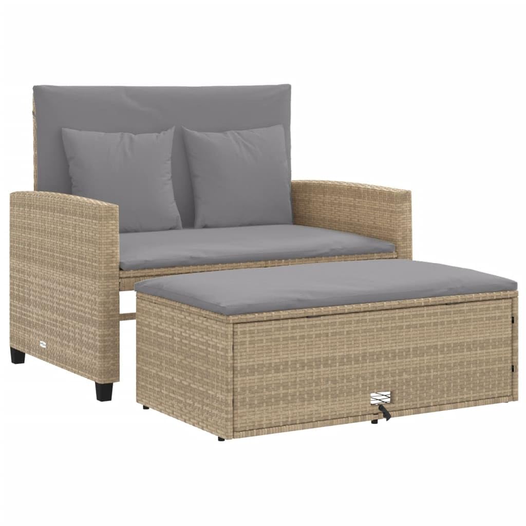 Sofá de jardín de 2 plazas beige de ratán sintético con cojín, sofá cama plegable y taburete con espacio de almacenamiento, muebles de jardín de ratán de polietileno para terraza y balcón