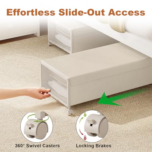 Image of 2 Pack Under the Bed Storage Containers,10 inch Height Under Bed Shoe Storage,31inch Long Underbed Storage with Wheels,Large Rolling under bed Clothes Storage Drawers with Lid for Dorm Tall ,Ivory