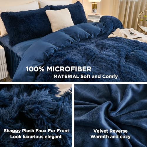Andency Fluffy Navy Blue Comforter Set Full Size, 3 Pieces Winter Faux Fur Warm Soft Fuzzy Plush Bedding Comforter Set (1 Velvet Comforter & 2 Pillowcases), Thick Heavy Comfy Comforters Bedding Set
